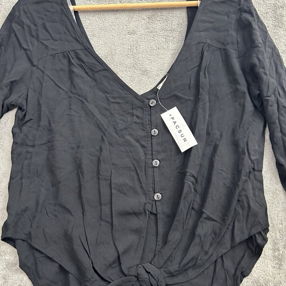 LA HEARTS Shirt Womens Small Black Flare Sleeve Top V-Neck Front Tie Casual - Picture 5 of 12
